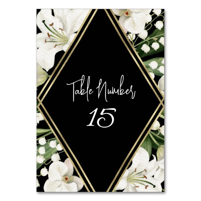 Black bröllop blommigt Lily-inbjudningsklassier Bordsnummer (Framsidan)