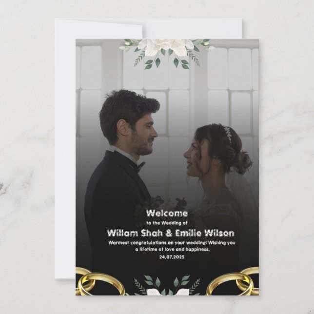 Black Bröllop med moderna blommor Inbjudningar (Framsida)