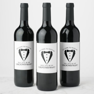 Black Bröllop Tuxedo Kostym Groomsman Frieri Vinflaska Etikett