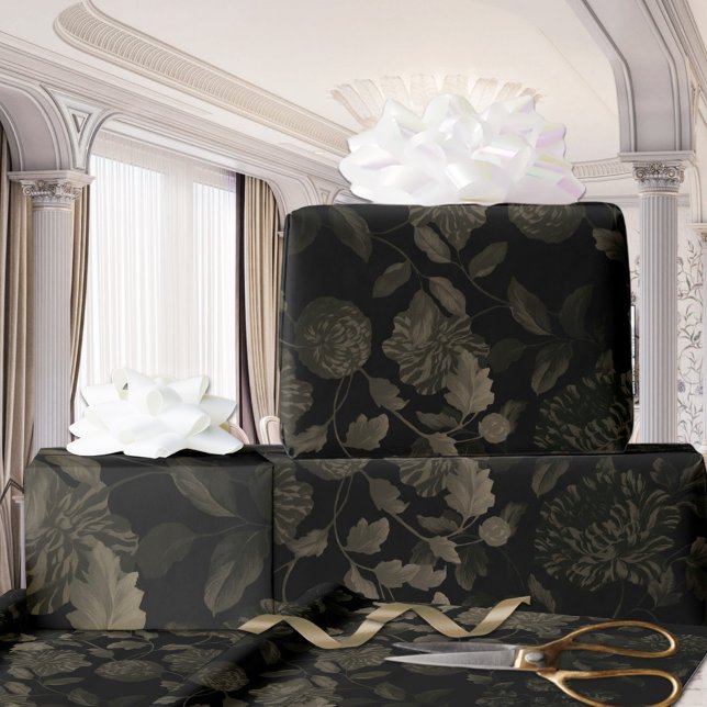Black Bronze Ombre Modern Vintage Blommigt Toile Presentpapper (Skapare uppladdad)