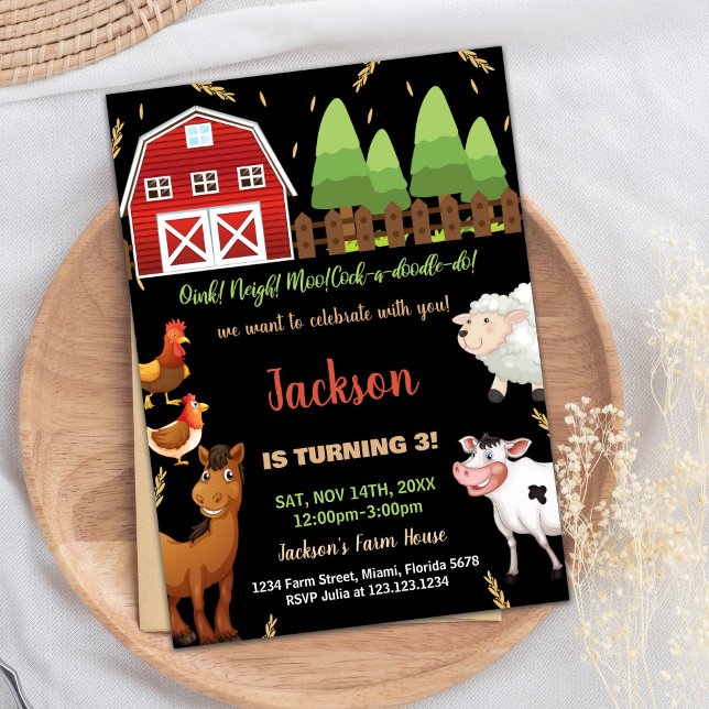 Black Brown Grönt Farm Birthday-inbjudningar Inbjudningar (Black Brown Green Farm Birthday Invitations)