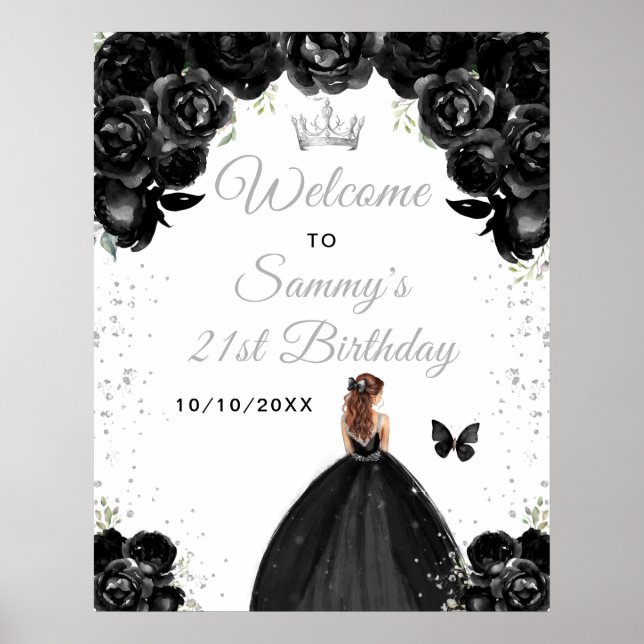 Black Brown Hair Princess Birthday Välkommen Poster (Framsidan)