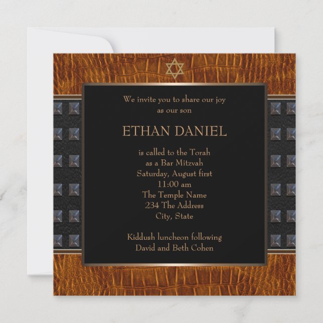 Black Brown Leather Star of David Pub Mitzvah Inbjudningar (Framsida)
