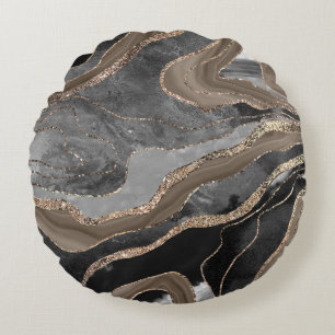 Black Brown Marble Agate Guld Glitter Glam #1  Rund Kudde