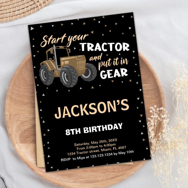Black Brown Tractor Birthday-inbjudningar Inbjudningar (Black Brown Tractor Birthday Invitations)
