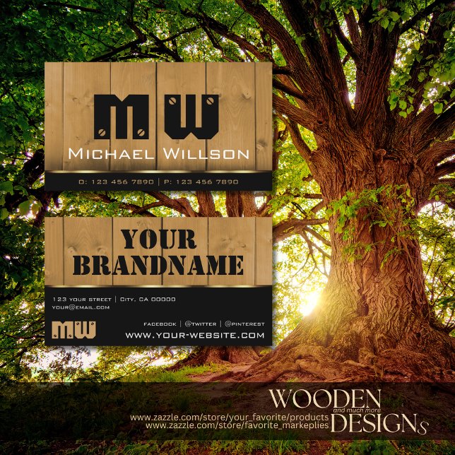 Black Brown Wood Grain look Monogram Visitkort (Skapare uppladdad)