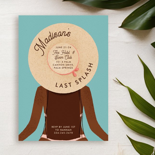 Black Brunette Bachelorette Helg Bassäng Party Inbjudningar (brunette hair & black skin girl wearing a beach hat. bachelorette pool party invitationblack hair an)