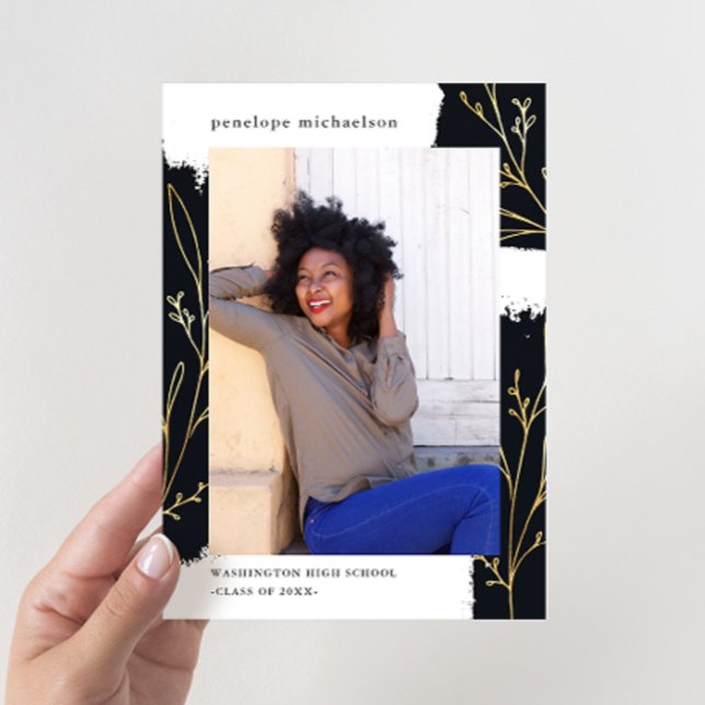 Black Brush med Faux Guld Botanical Studenten Inbjudningar (Skapare uppladdad)