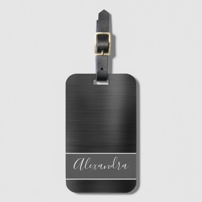 Black Brushed Metall Monogram Namn Bagagebricka (Framsida vertikal)