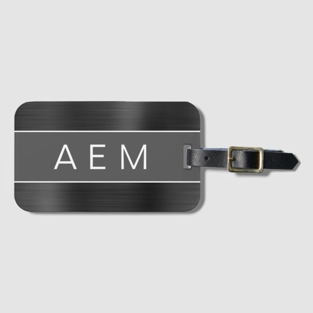 Black Brushed Metall Monogram Namn och Initial Bagagebricka (Framsida horisontal)