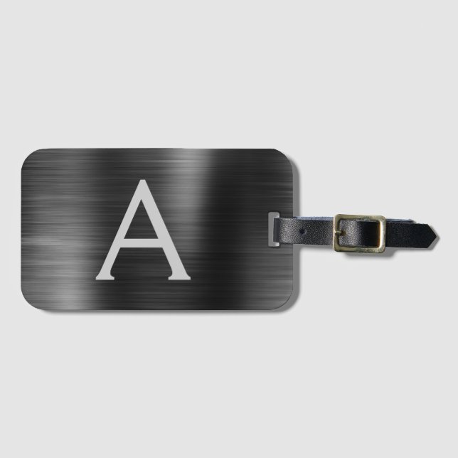 Black Brushed Metall Monogram Namn och Initial Bagagebricka (Framsida horisontal)