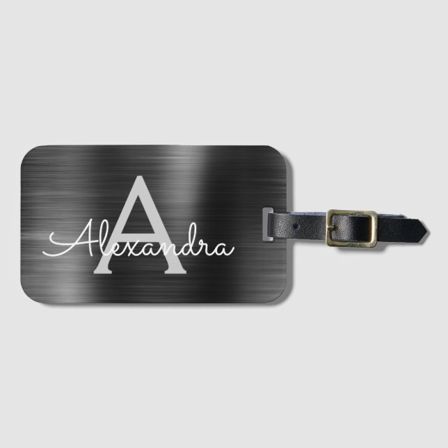 Black Brushed Metall Monogram Namn och Initial Bagagebricka (Framsida horisontal)