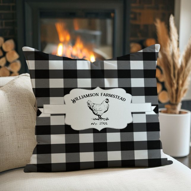 Black Buffalo Play Farm Chicken Dekorativ kudde (Black Buffalo Plaid Farm Chicken Throw Pillow)