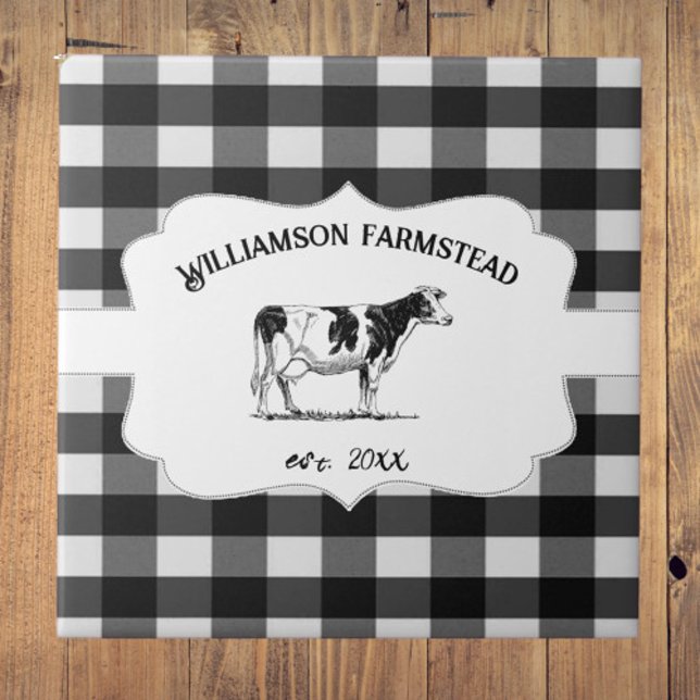 Black Buffalo Play Farm Cow Decorative Kakelplatta (Black Buffalo Plaid Farm Cow Decorative Ceramic Tile)