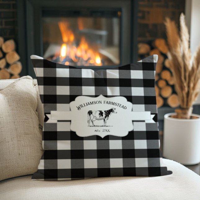 Black Buffalo Play Farm Cow Dekorativ kudde (Black Buffalo Plaid Farm Cow Throw Pillow)