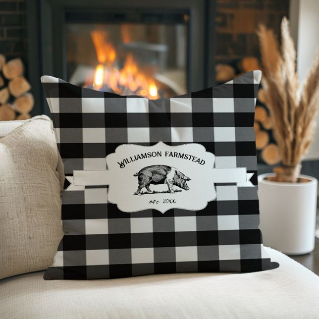 Black Buffalo Play Farm Gris Dekorativ kudde (Black Buffalo Plaid Farm Pig Throw Pillow)