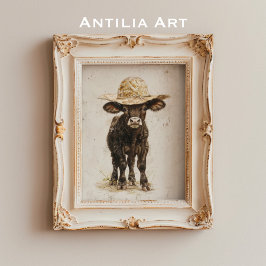 Black Bull with Hat Whimsical Farm Animal Cow Poster