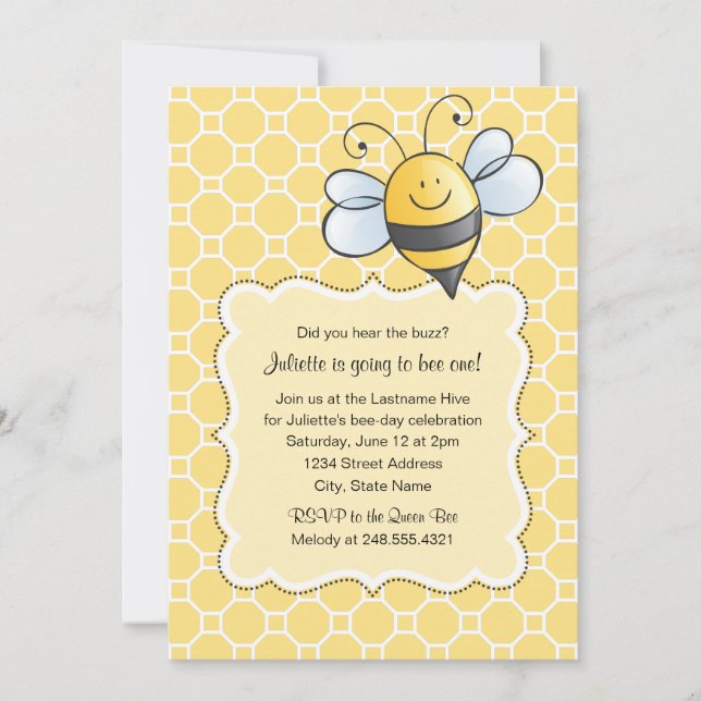 Black Bumblebee Cute Gult Första Födelsedagsfesten Inbjudningar (Framsida)