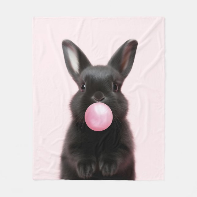 Black Bunny Blowing Rosa Bubble Gum Cute Playful Fleecefilt (Framsidan)