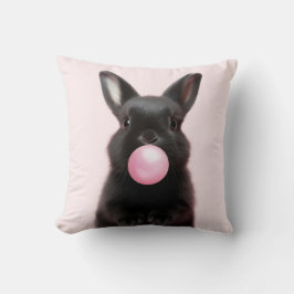 Black Bunny Blowing Rosa Bubble Gum Playful Kudde