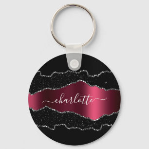 Black burgundy agate marble namn-skript nyckelring