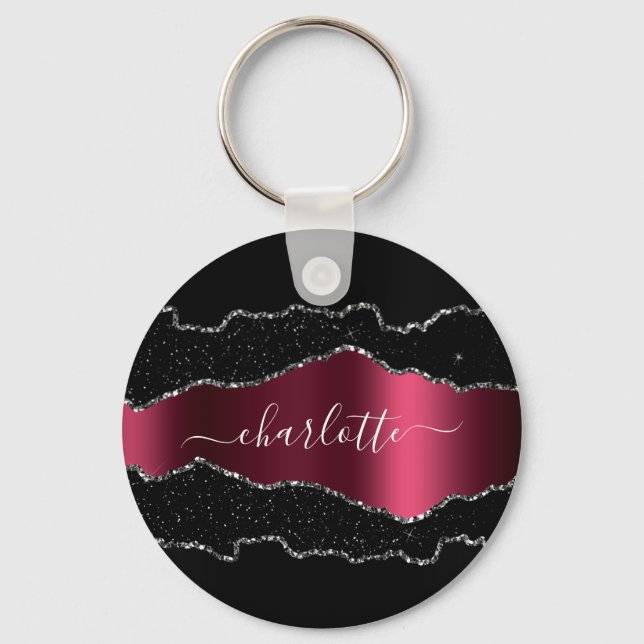 Black burgundy agate marble namn-skript nyckelring (Framsida)