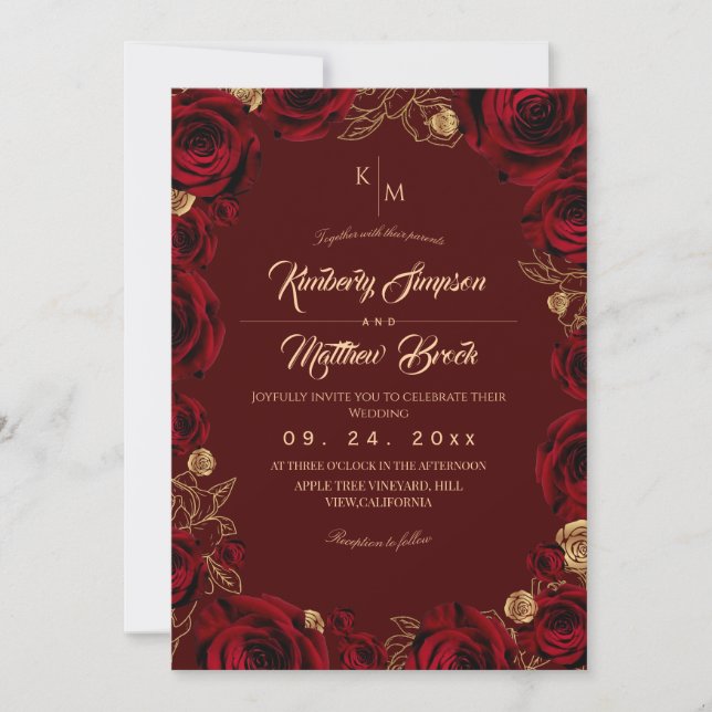 Black Burgundy and Gold Rose Floral Boho Wedding Inbjudningar (Framsida)