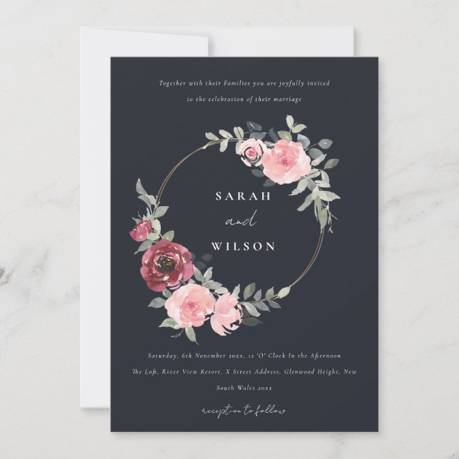 BLACK  BURGUNDY BLOMMIGT WREATH WEDDING INVITE TACK KORT (Framsida)