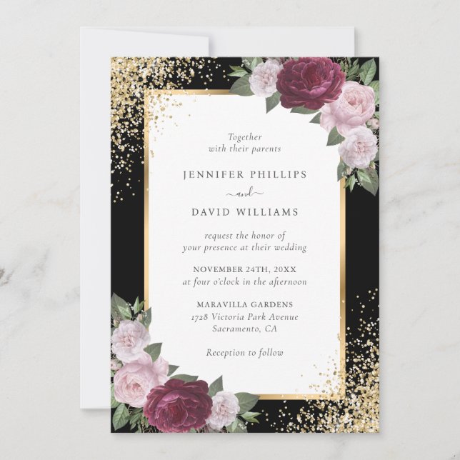 Black Burgundy Blush Pink Gold Floral Wedding Inbjudningar (Framsida)