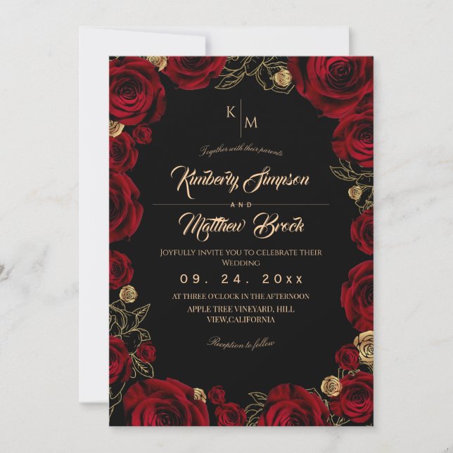 Black Burgundy⎮ Gold Rose Floral Boho Wedding Inbjudningar (Framsida)