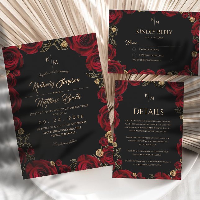 Black Burgundy⎮ Gold Rose Floral Boho Wedding Inbjudningar (Skapare uppladdad)