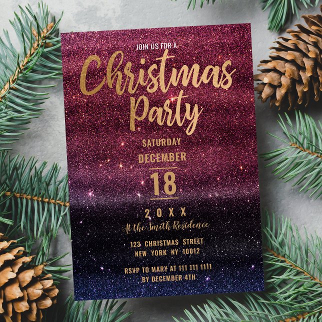 Black Burgundy Gradient Glitter jul Party Inbjudningar (Black Burgundy Gradient Glitter Christmas Party )