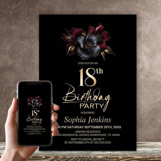 Black Burgundy Grått Blommigt 18:e Födelsedagsfest Inbjudningar (Skapare uppladdad)