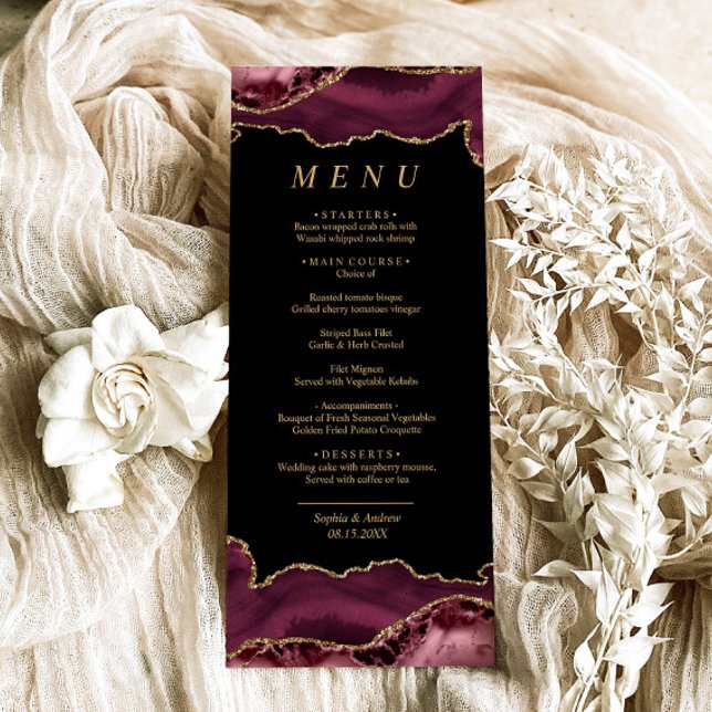 Black & Burgundy Guld Calligraphy Bröllop Menu Meny (Skapare uppladdad)
