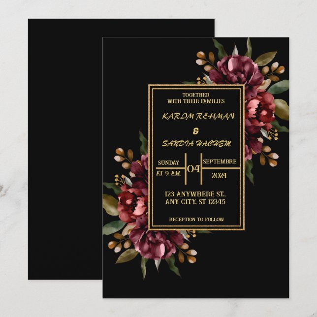 Black Burgundy och Guld Blommigt Modern Boho Bröll Inbjudningar (Fram/baksida)