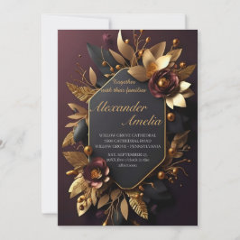 Black Burgundy och Guld Blommigt Modern Boho Bröll Inbjudningar