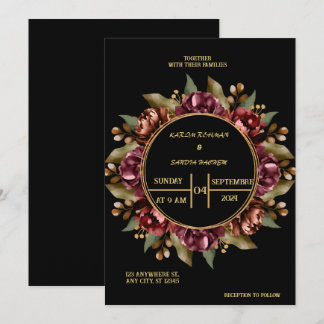 Black Burgundy och Guld Blommigt Modern Boho Bröll Inbjudningar