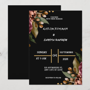 Black Burgundy och Guld Blommigt Modern Boho Bröll Inbjudningar
