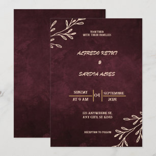Black Burgundy och Guld Blommigt Modern Boho Bröll Inbjudningar