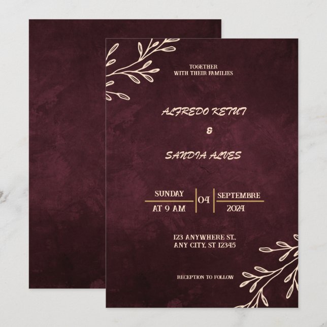 Black Burgundy och Guld Blommigt Modern Boho Bröll Inbjudningar (Fram/baksida)