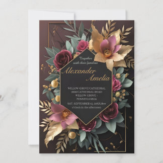 Black Burgundy och Guld Blommigt Modern Boho Bröll Inbjudningar