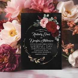 Black Burgundy och Guld Blommigt Modern Boho Bröll Inbjudningar