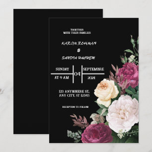 Black Burgundy och Guld Blommigt Modern Boho Bröll Inbjudningar