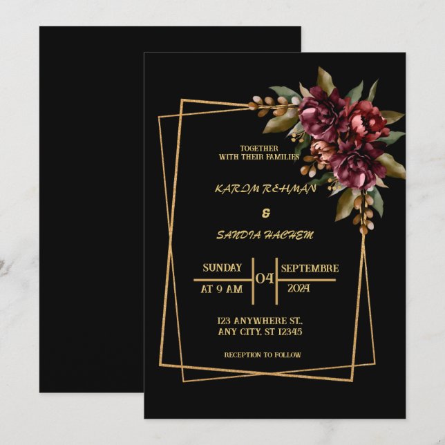 Black Burgundy och Guld Blommigt Modern Boho Bröll Inbjudningar (Fram/baksida)