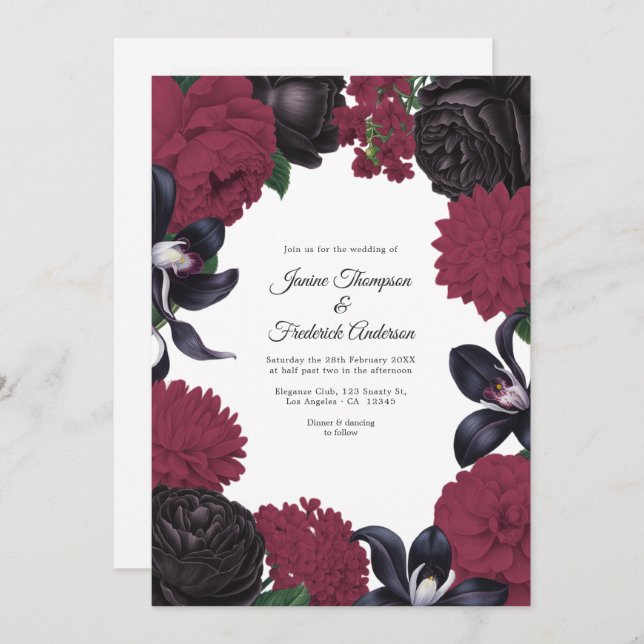 Black & Burgundy Photo/QR Code Floral Wedding Inbjudningar (Fram/baksida)