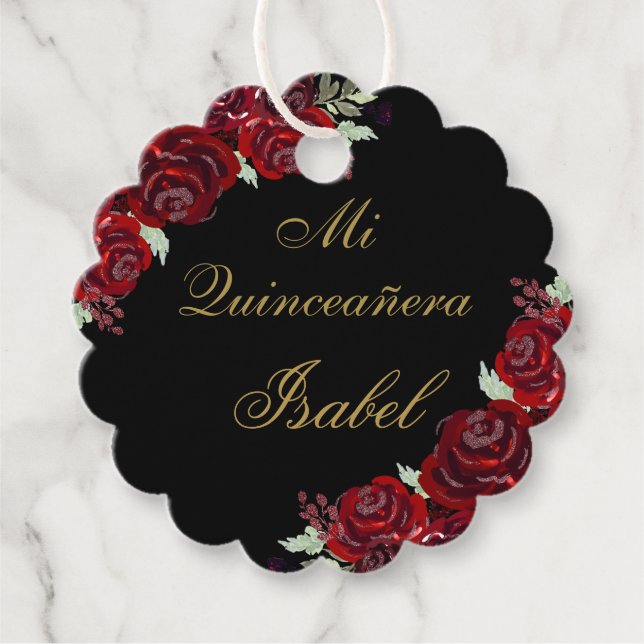 Black Burgundy Quinceañera-Tack, ornament Gåvor Etiketter (Framsida)