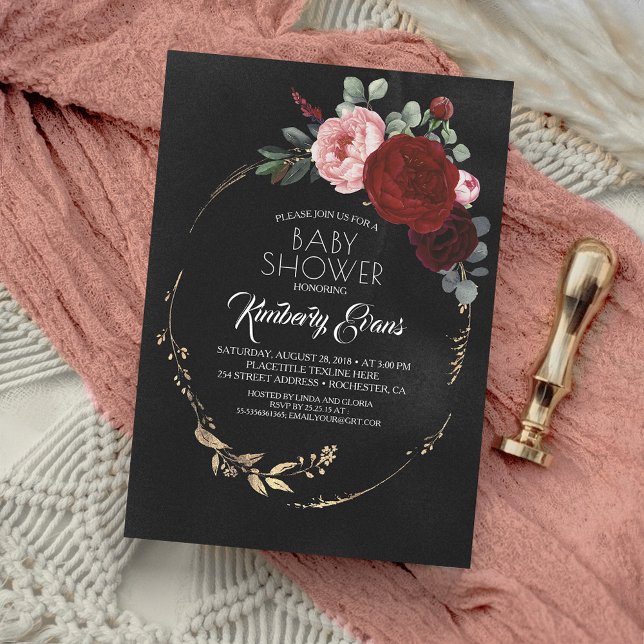 Black Burgundy Red and Guld Blommigt Baby Shower Inbjudningar (Skapare uppladdad)