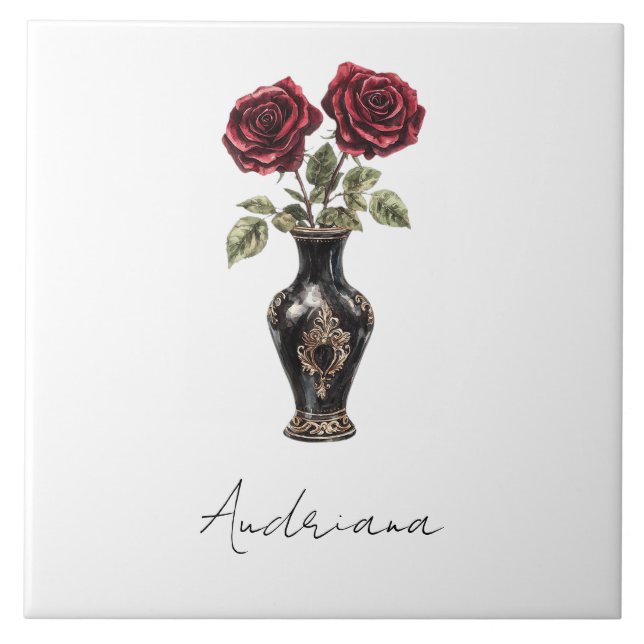 Black Burgundy Red Blommigt Vas Kakelplatta (Framsidan)