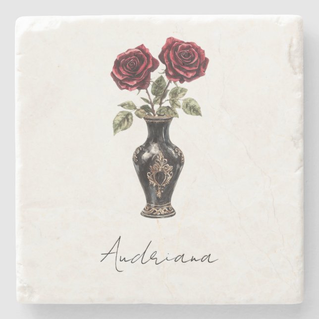 Black Burgundy Red Blommigt Vas Stenunderlägg (Framsidan)