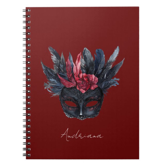 Black Burgundy Red Feathers Mask Anteckningsbok (Framsidan)